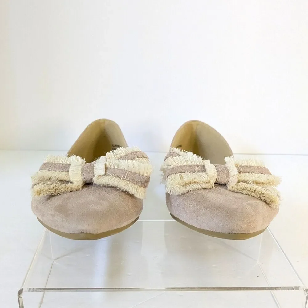 Restricted Flats 8.5 Taupe Faux Suede Pointed Toe Ribbon Fringe Shoes Boho - Picture 5 of 12